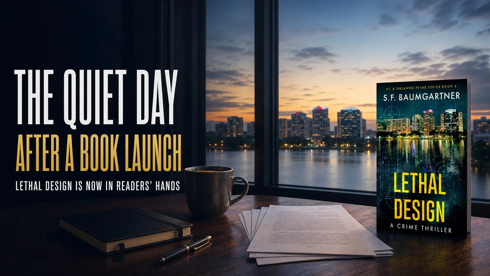 Lethal Design book cover on a quiet writing desk overlooking Orlando at dawn