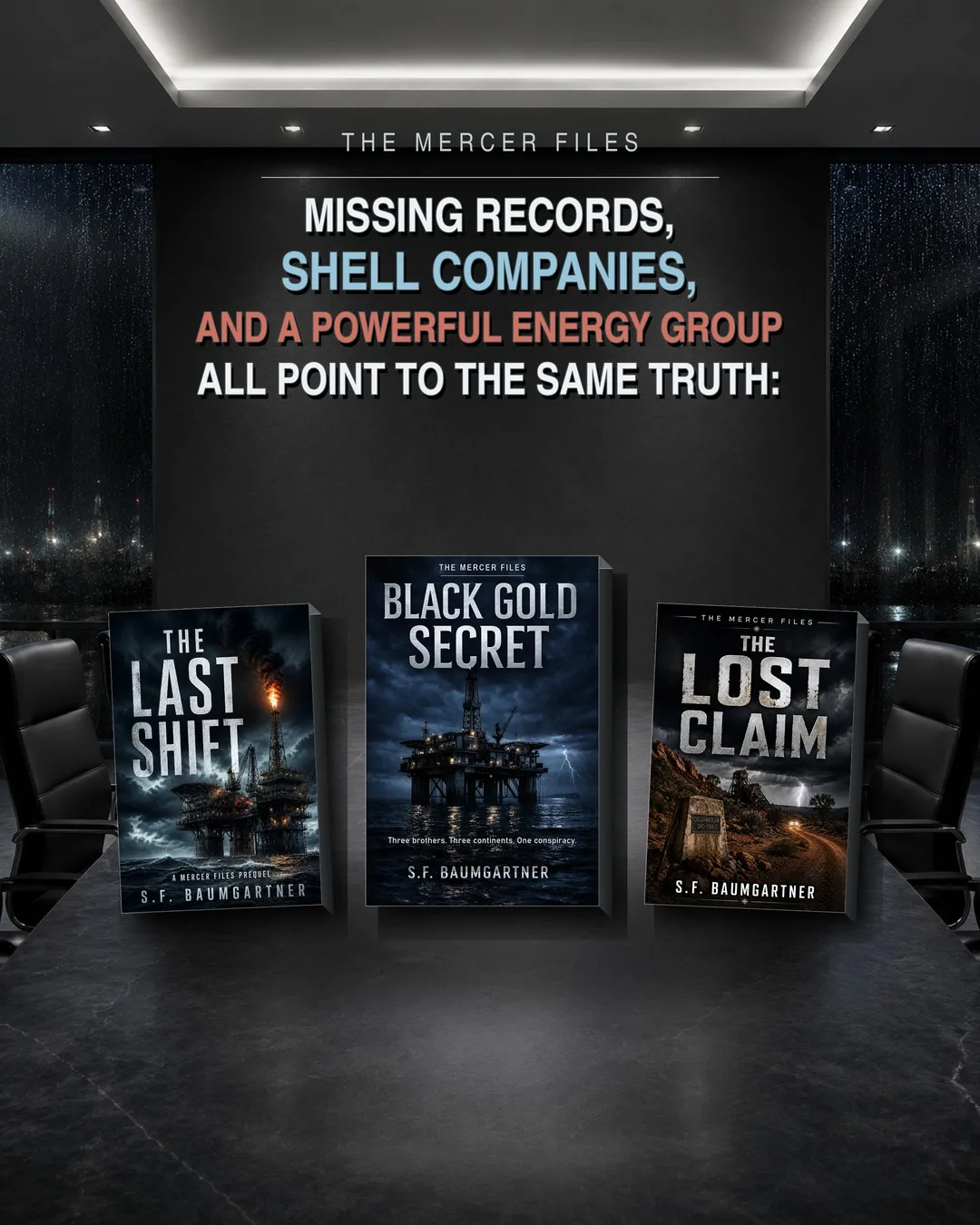 The Last Shift, Black Gold Secret, and The Lost Claim in a dark boardroom with text about missing records and shell companies