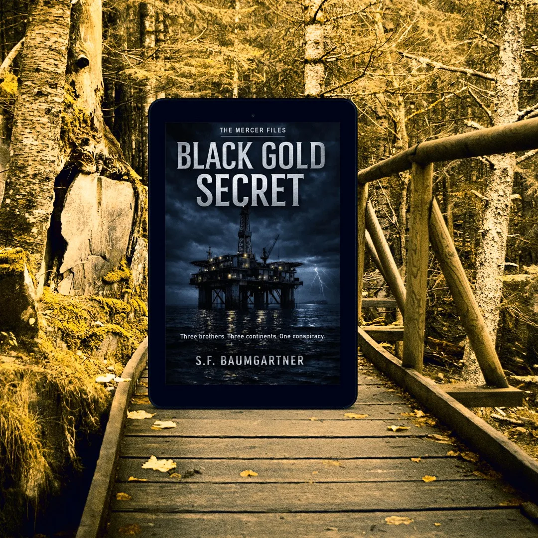 Black Gold Secret ebook displayed above a wooded footbridge, suggesting the beginning of a hidden trail.