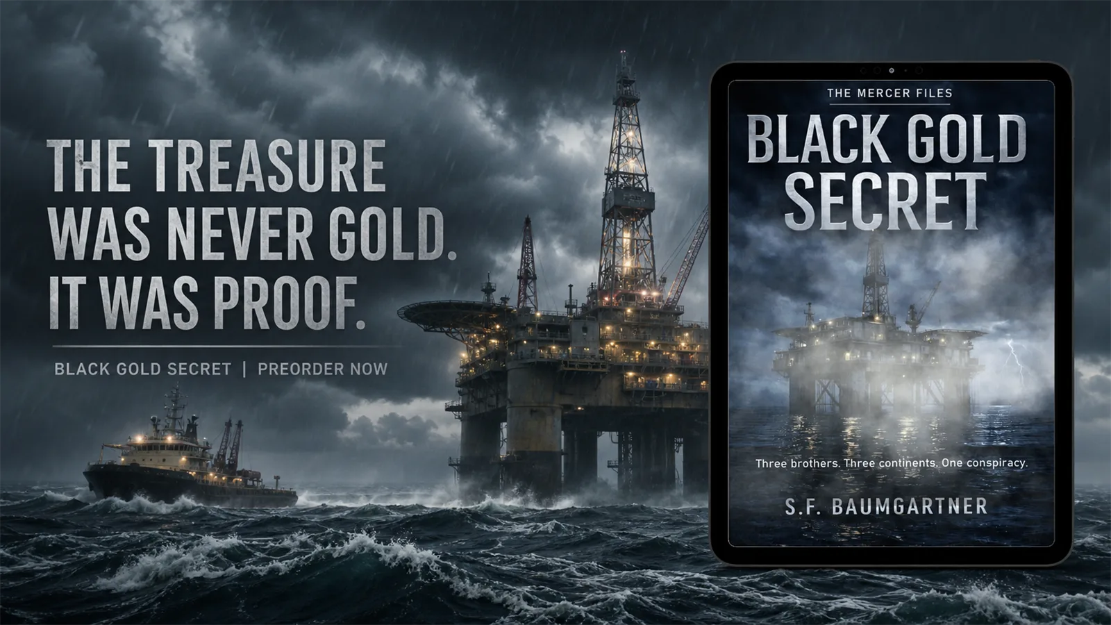 Black Gold Secret cover beside a storm-battered offshore oil rig under the words The Treasure Was Never Gold. It Was Proof.