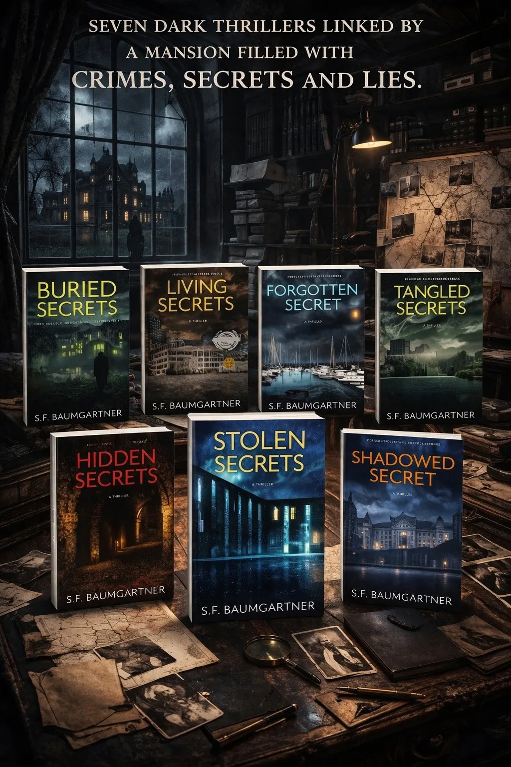 Seven books in the Mirror Estate thriller series by S.F. Baumgartner