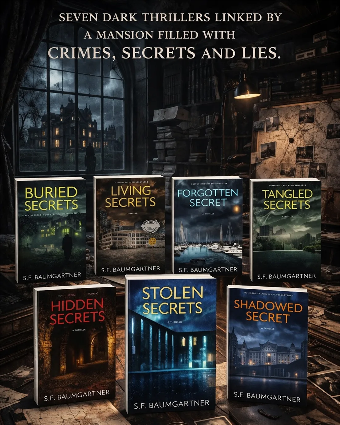 Seven books in the Mirror Estate thriller series by S.F. Baumgartner