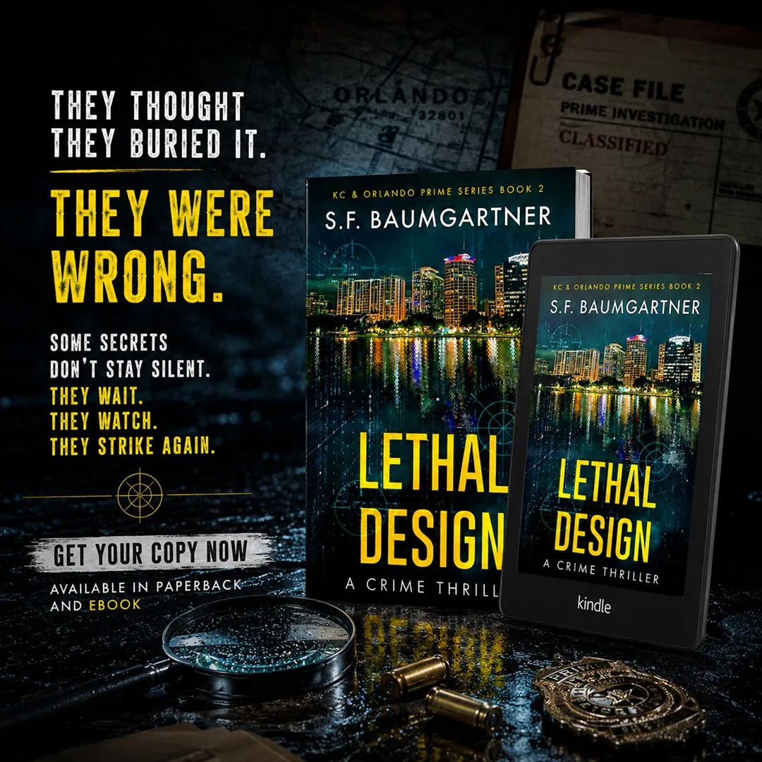 Lethal Design by S.F. Baumgartner displayed as a paperback and ebook with a case file and compass