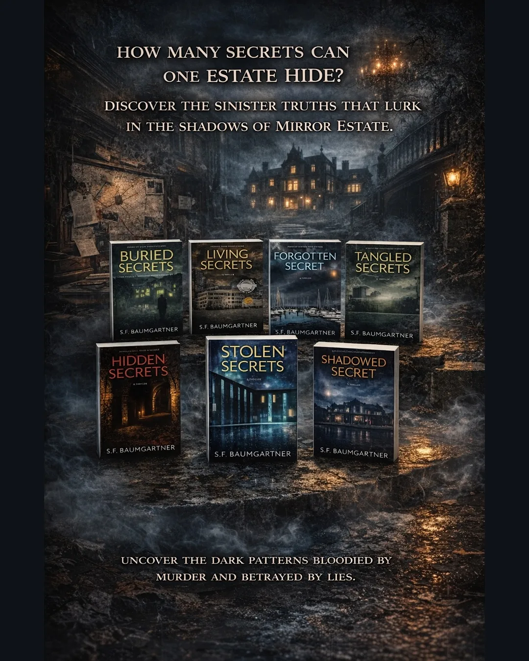Seven Mirror Estate suspense novels by S.F. Baumgartner displayed against a dark estate backdrop