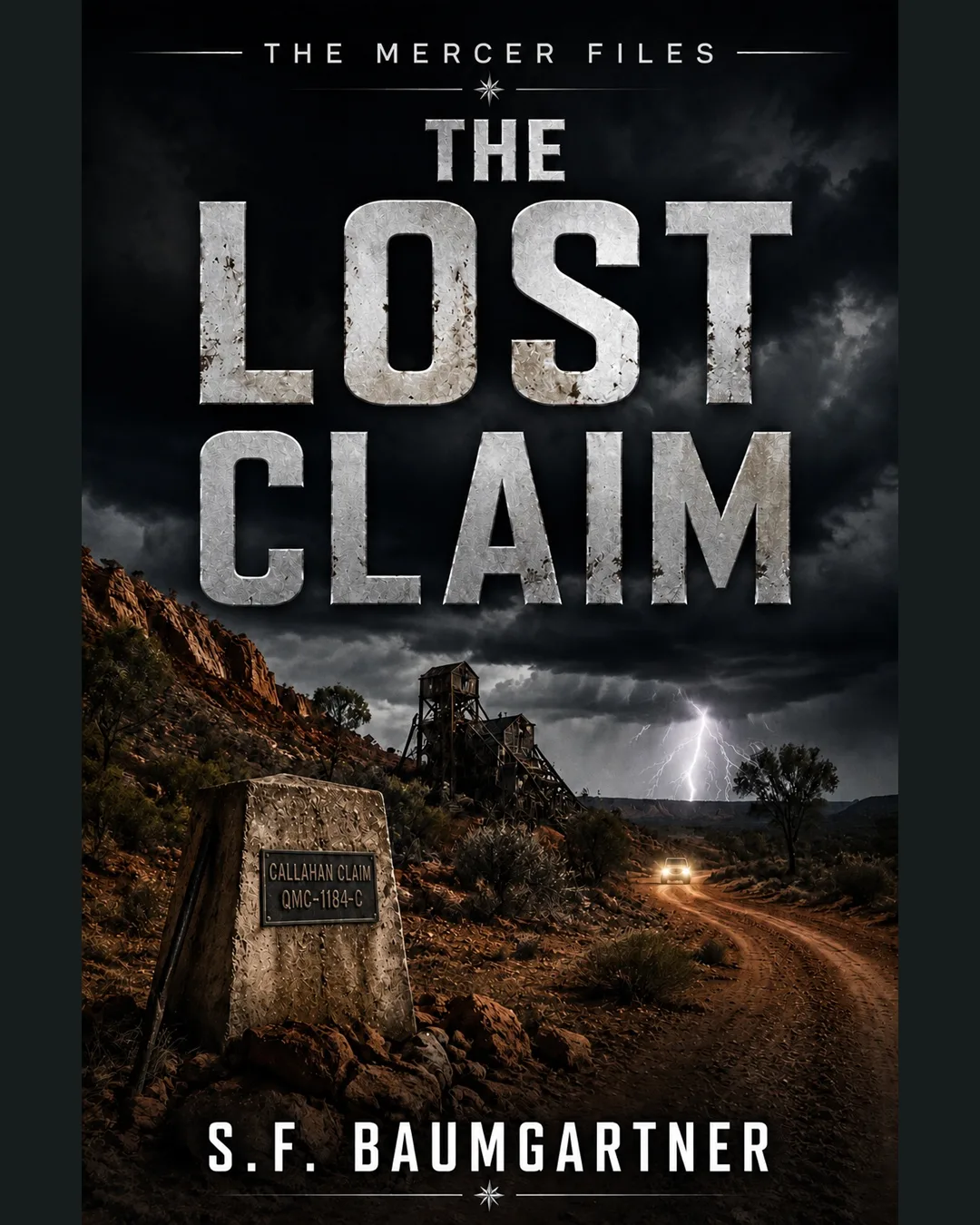 The Lost Claim by S.F. Baumgartner, with a remote mining site, a vehicle on a dirt road, and storm clouds
