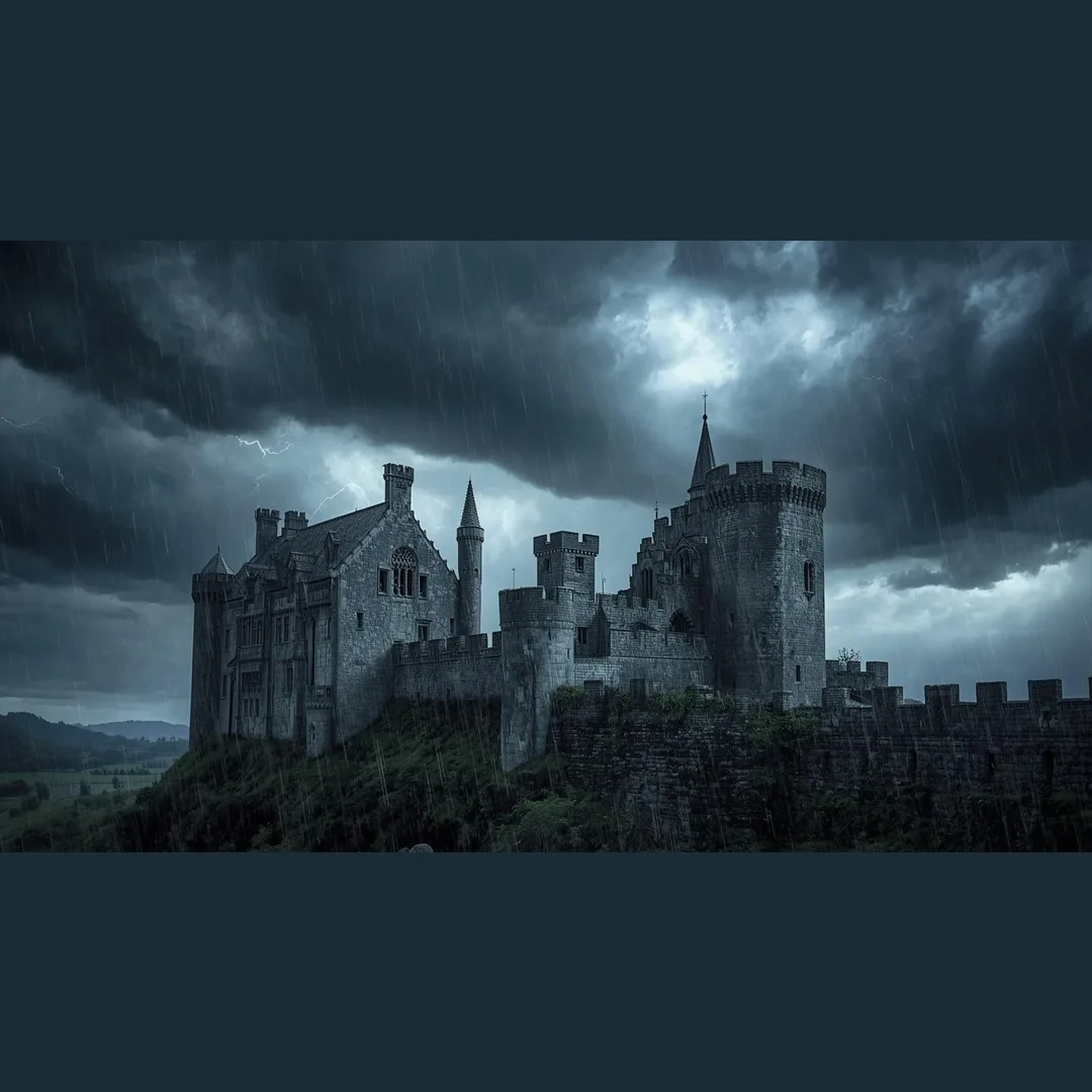 A stone castle under rain, lightning, and dark storm clouds, the header artwork for Mirror Estate Reader Extras