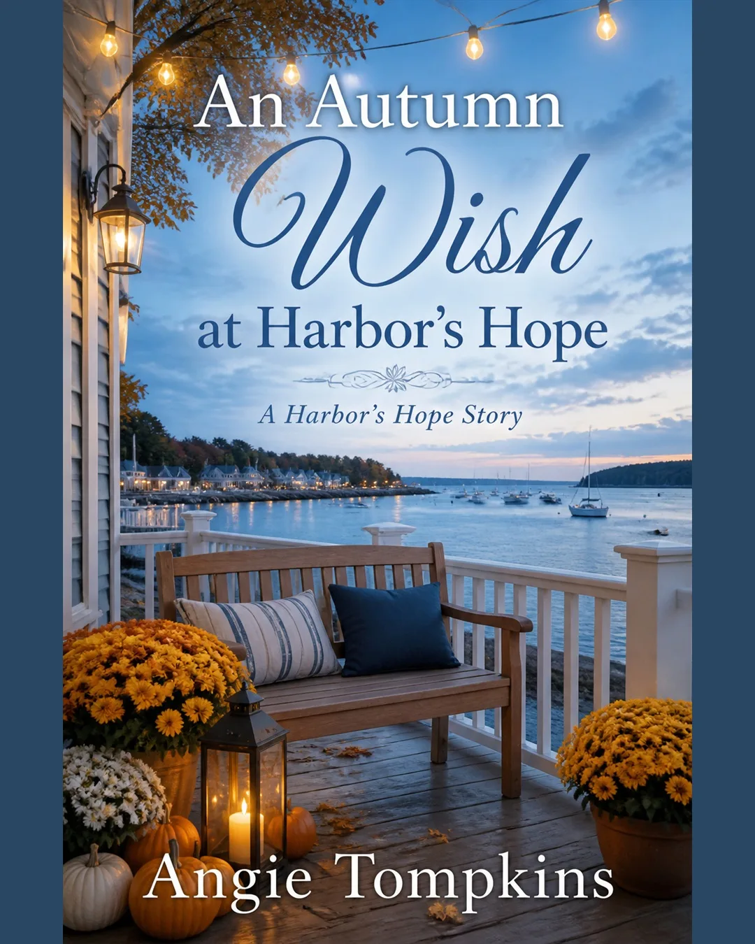 An Autumn Wish at Harbor's Hope by Angie Tompkins, with a waterfront bench, autumn flowers, pumpkins, and glowing lanterns