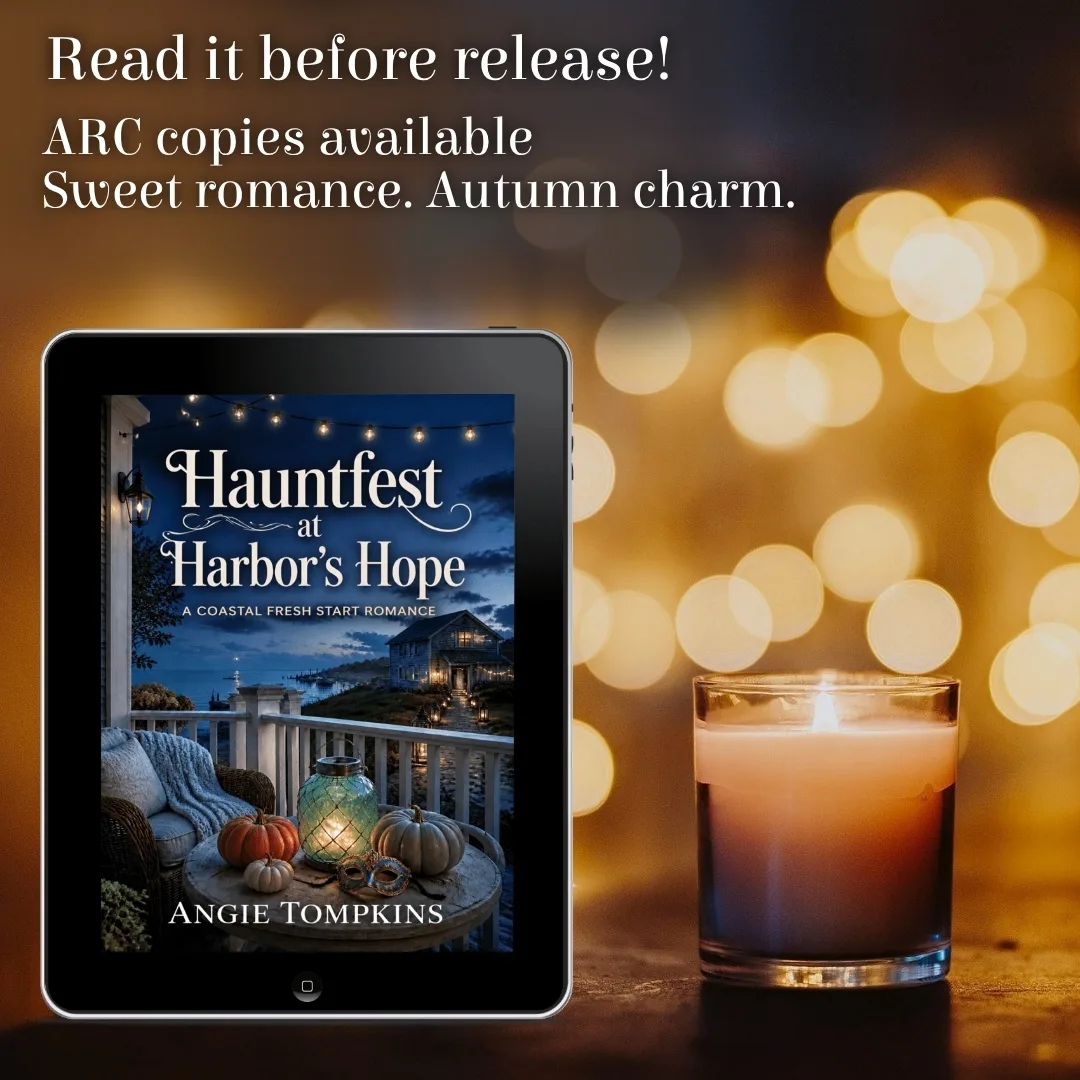 Hauntfest at Harbor's Hope by Angie Tompkins on a tablet beside a candle, with an invitation to read an advance copy