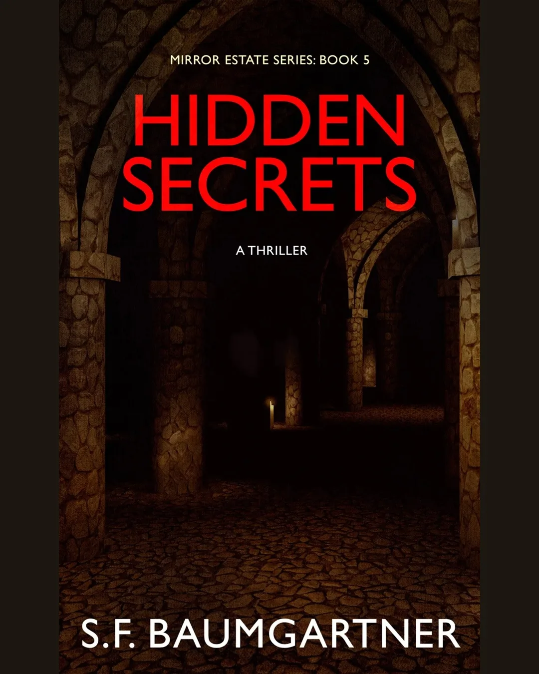 Hidden Secrets by S.F. Baumgartner, Mirror Estate Book 5, with red lettering above a dark stone passage