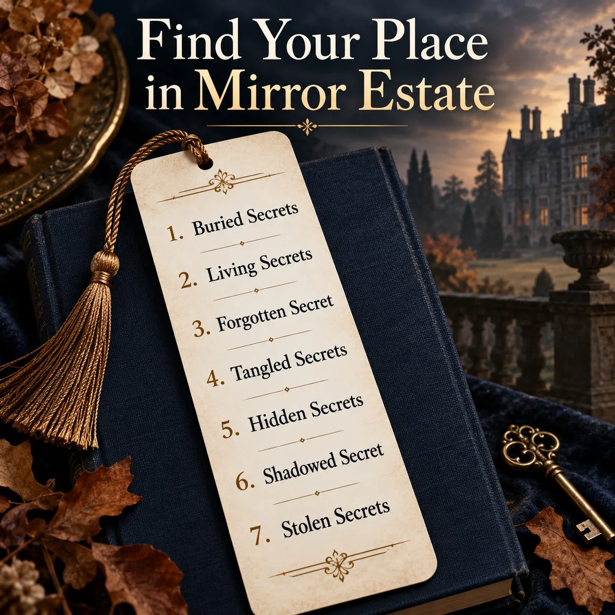 Bookmark listing the seven Mirror Estate books in reading order, beside a dark estate at dusk.
