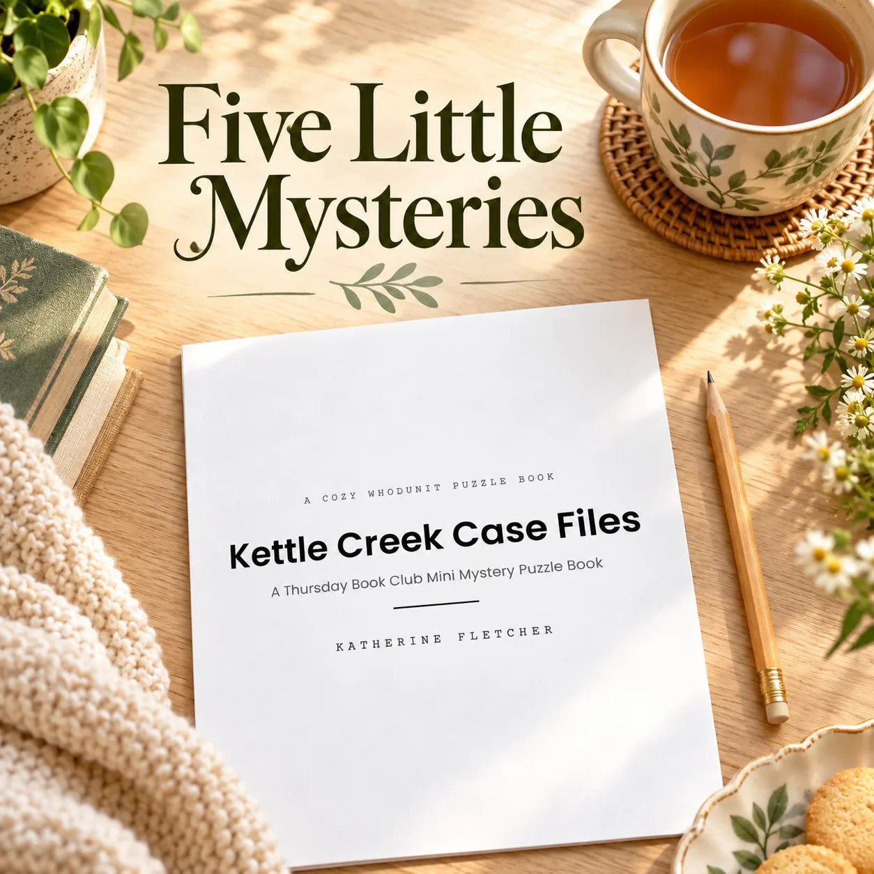 Kettle Creek Case Files puzzle booklet beside a pencil and cup of tea, beneath “Five Little Mysteries.”